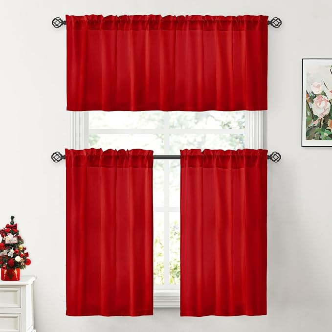 HOMEIDEAS Christmas Non-See-Through Red Privacy Sheer Kitchen Curtains - Image 2