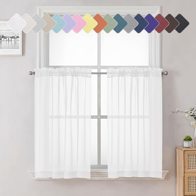 Lecloud 36 Inch White Sheer Curtains Tiers 2 PCS by Lecloud