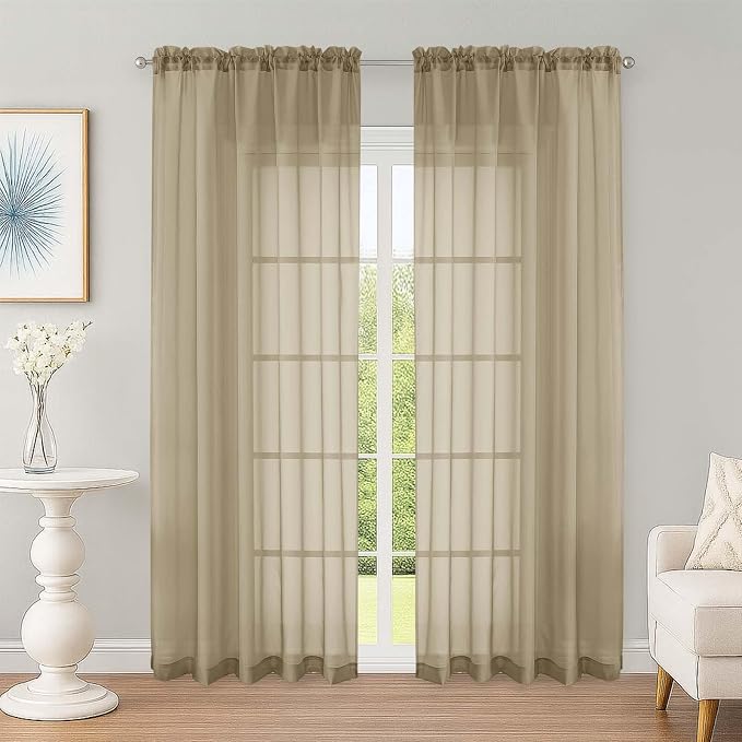 OWENIE Sheer Curtains 84 Inches Long 2 Panels Set, Sheer Taupe Curtains by OWENIE