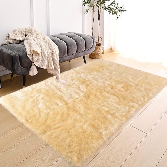 Latepis Yellow Shaggy Rug Bedroom Rugs 4x6 Area Rug Washable Faux Sheepskin Fur - Image 7