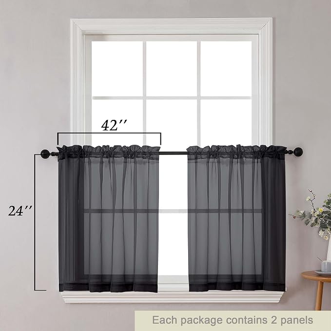 Kitchen Curtains 24 Inch Length Tier 2 Pieces, Cafe Bathroom Basement Rod - Image 2