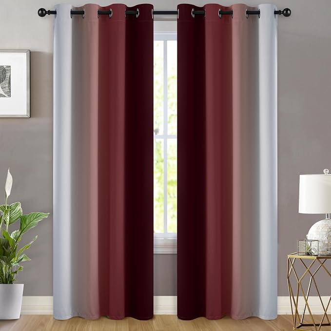 Yakamok Red and Greyish White Ombre Curtains, Room Darkening Gradient Color - Image 2