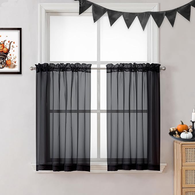 OVZME Black Sheer Curtains 36 inches Long, Short Kitchen Window Treatment Solid by OVZME