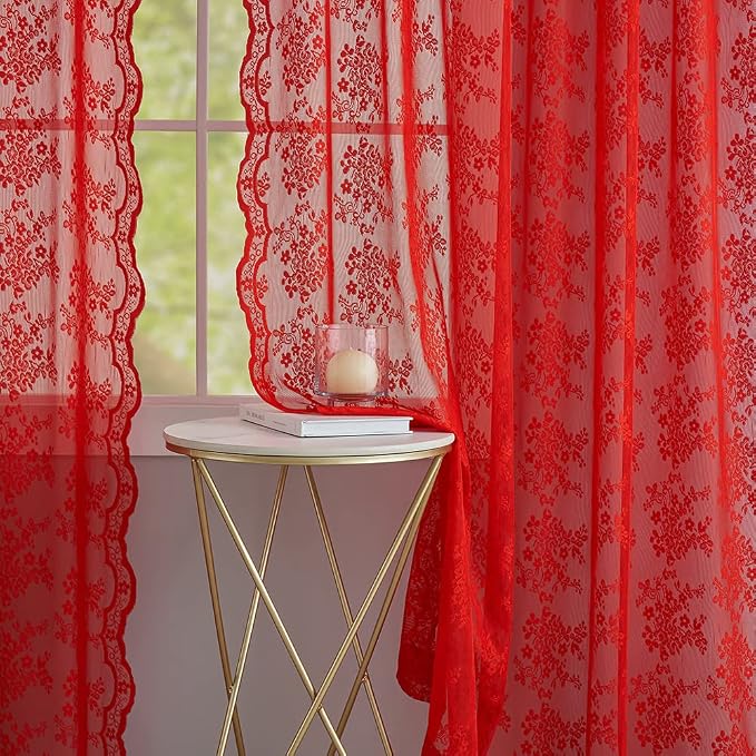 YJ YANJUN Vintage Lace Curtains 96 Inches Long-Victorian Floral Pattern Red - Image 5