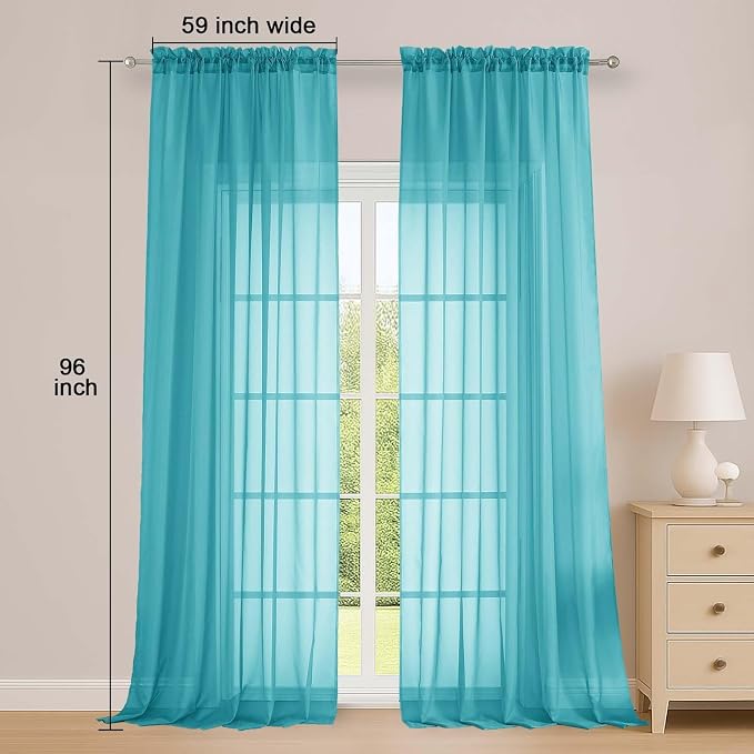 OWENIE Extra Long Turquoise Sheer Curtains 96 Inches Long 2 Panels Set - Image 2
