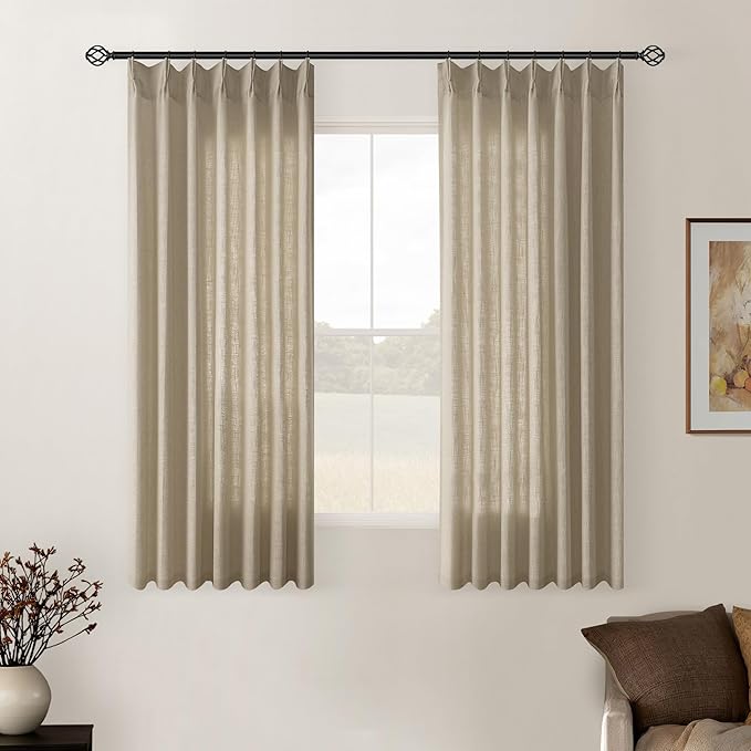 Grey Beige Pinch Pleat Linen Kitchen Curtains 45 Inches Long 2 Panels | by Twodrapes