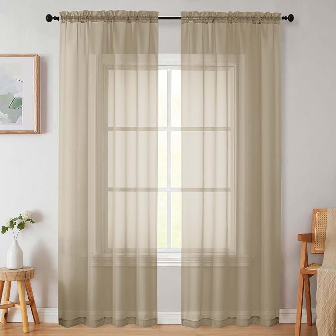 Sheer Taupe Curtains for Bedroom Living Room 90 Inches Long 2 Panels Set by WelvetBLK
