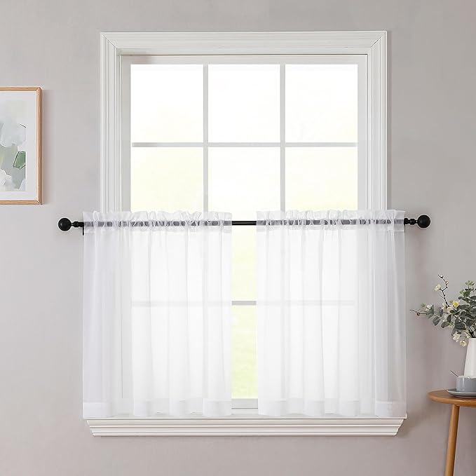 Kitchen Curtains 24 Inch Length Tier 2 Pieces, Cafe Bathroom Basement Rod by WelvetBLK