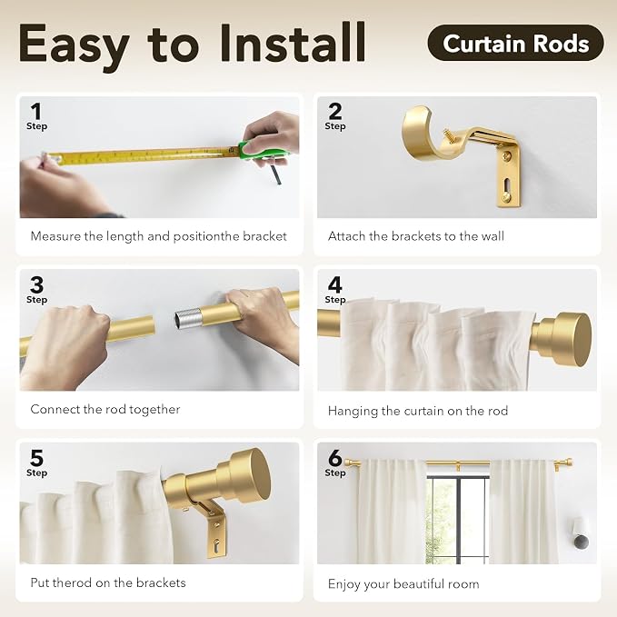 IFELS Heavy Duty Curtain Rods for Windows 48 to 84 Inch, 1 Inch Adjustable Gold - Image 8