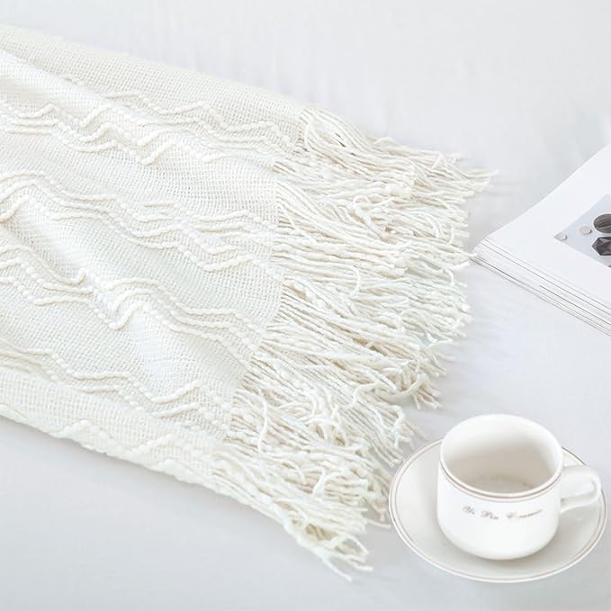 BOURINA Off White Throw Blanket 50 x90 Inches Throw Textured Solid Soft Sofa - Image 6