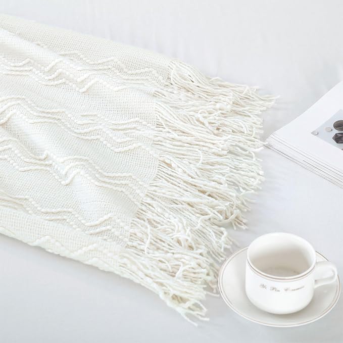 BOURINA Off White Throw Blanket 50x60 Inches Throw Textured Solid Soft Sofa - Image 6