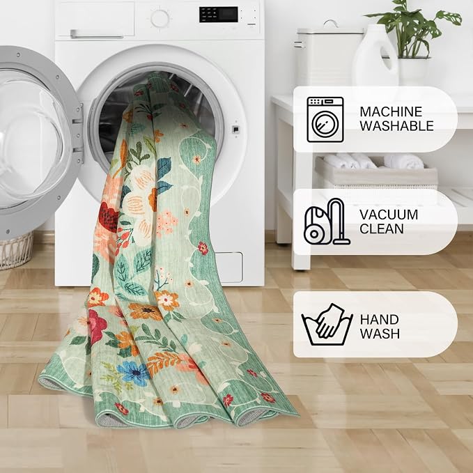 DUKINO 2.6x12 Kitchen Runner Rug, Floral Non Slip Long Washable Rug, Stain - Image 5