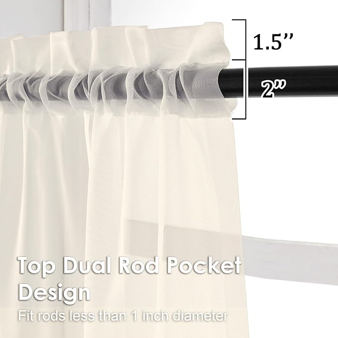OVZME Cream Sheer Curtains 54 Inches Long 2 Panels - Image 2