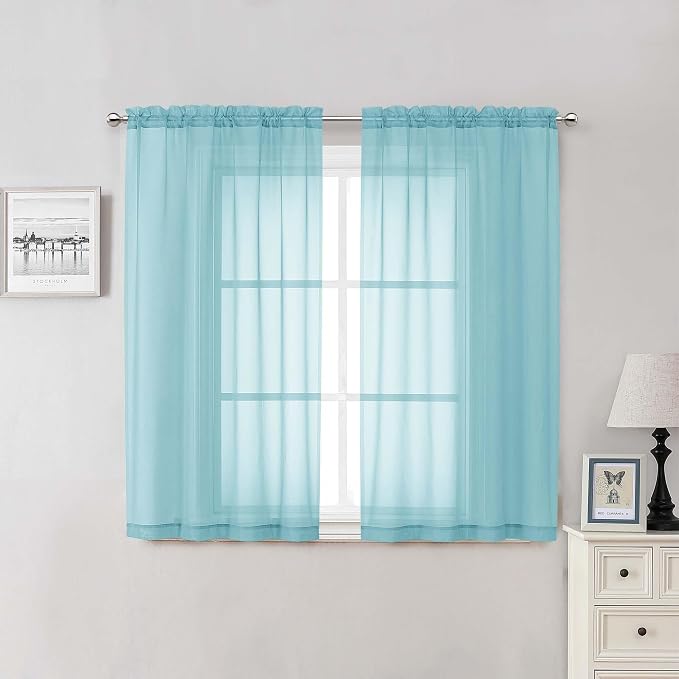 Lecloud Aqua Sheer Curtains for Bedroom 54 Inch Length 2 Pcs, Rod Pockets Solid by Lecloud