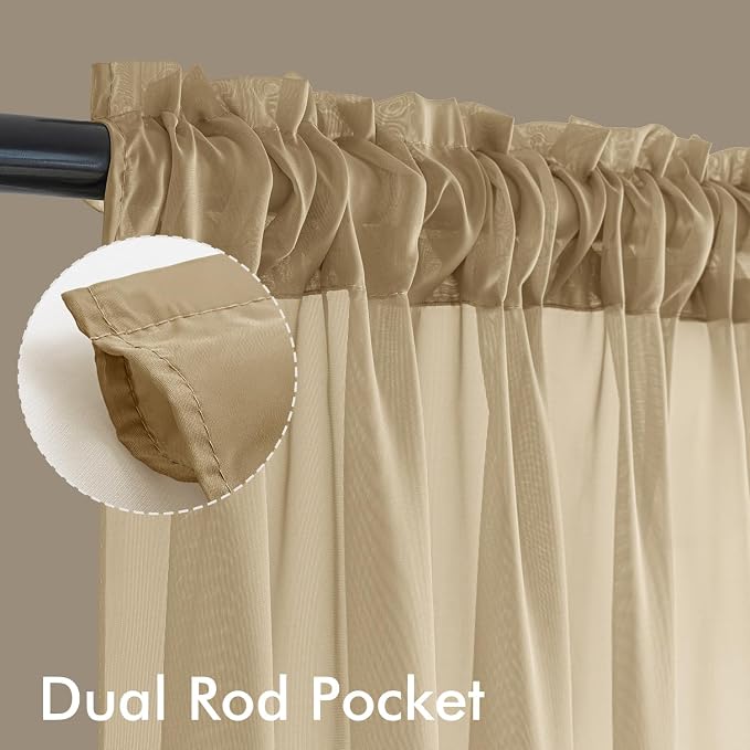MIULEE Beige Sheer Curtains 96 Inches Long, 4 Panels Set, Rod Pocket Voile - Image 3