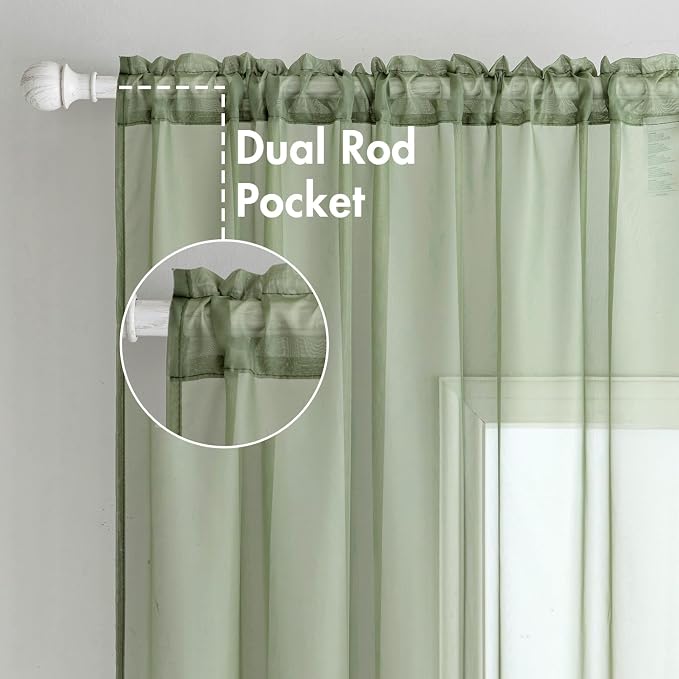 MIULEE 2 Panels Sage Green Sheer Curtains 84 inches Long Window Curtains Rod - Image 2
