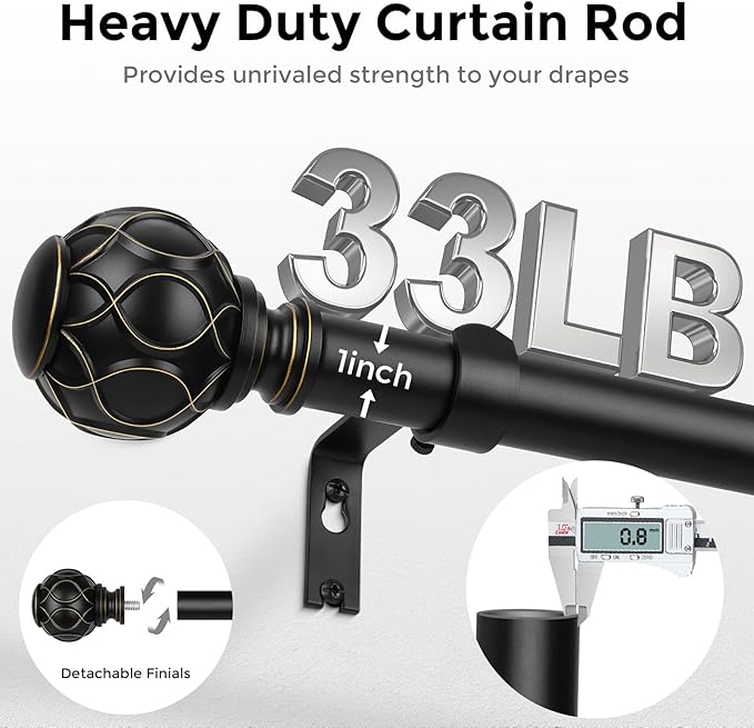 Long Black Curtain Rod, Heavy Duty 1 Inch Decorative Curtain Rods - Image 3