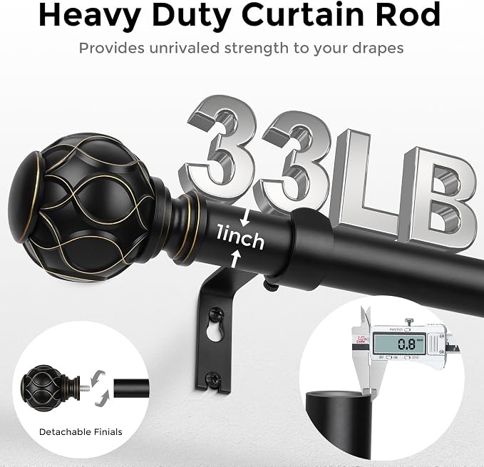 Long Black Curtain Rod, Heavy Duty 1 Inch Decorative Curtain Rods - Image 3