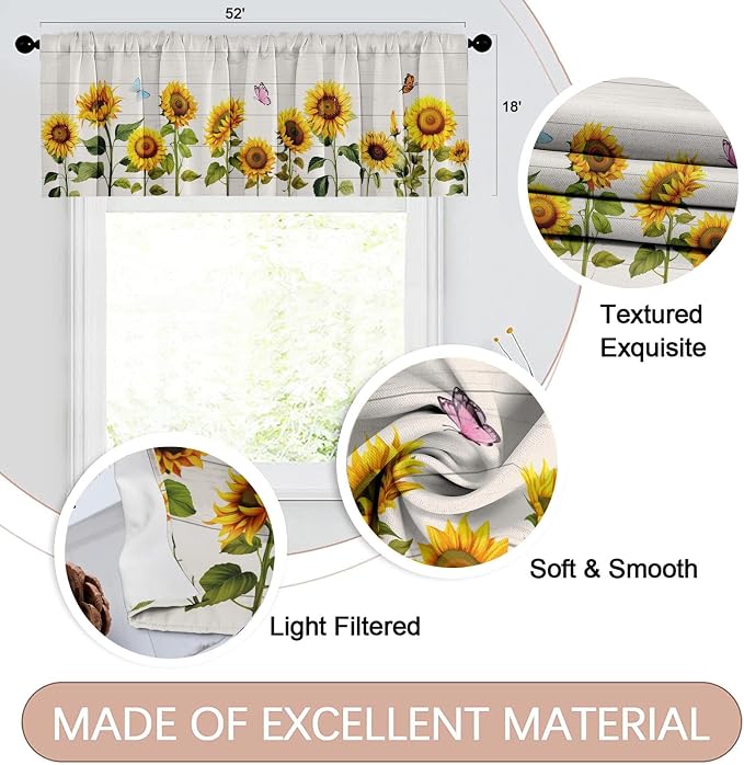 Emvency 4 Pack Valances Window Treatments, Farmhouse Sunflower Spring Summer - Image 2
