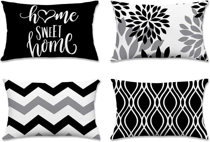 Hexagram Geometric Black Pillow Covers 12x20 Set of 4, Decorative Outdoor Boho by Hexagram