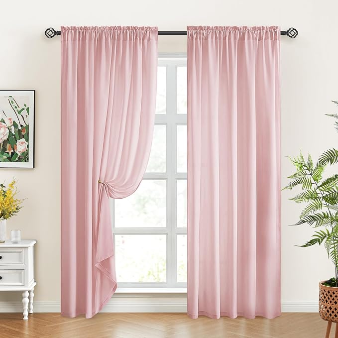 HOMEIDEAS Non-See-Through Light Pink Privacy Sheer Curtains, 52 X 96 Inches - Image 2