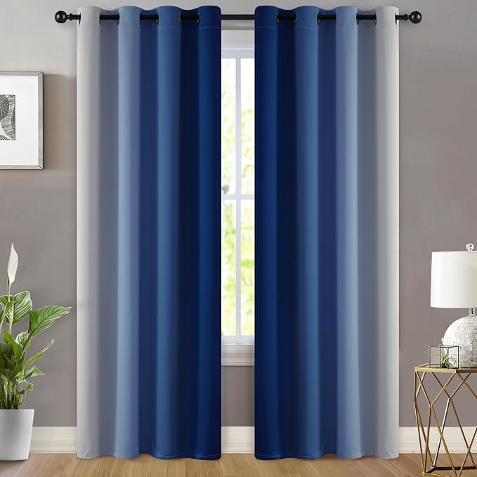 Yakamok Greyish White and Royal Blue Ombre Curtains, Light Blocking Curtains - Image 2