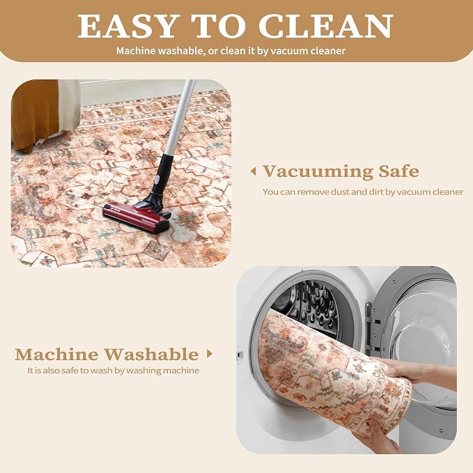 SERISSA Boho 8x10 Area Rugs Peach Cream, Washable Vintage Large Living Room Rug - Image 2