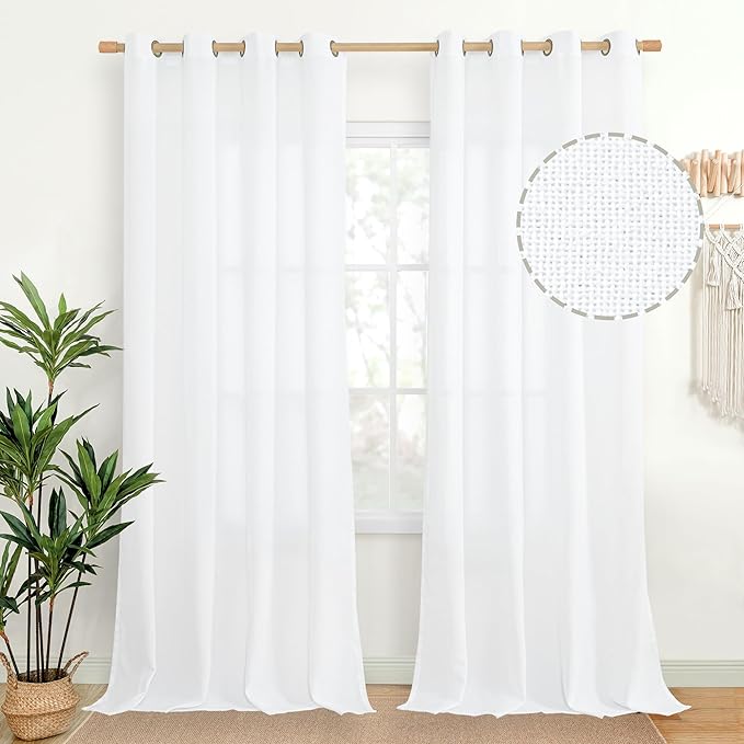 Extra Long White Linen Semi Sheer Curtains 95 inch Length by YoungsTex