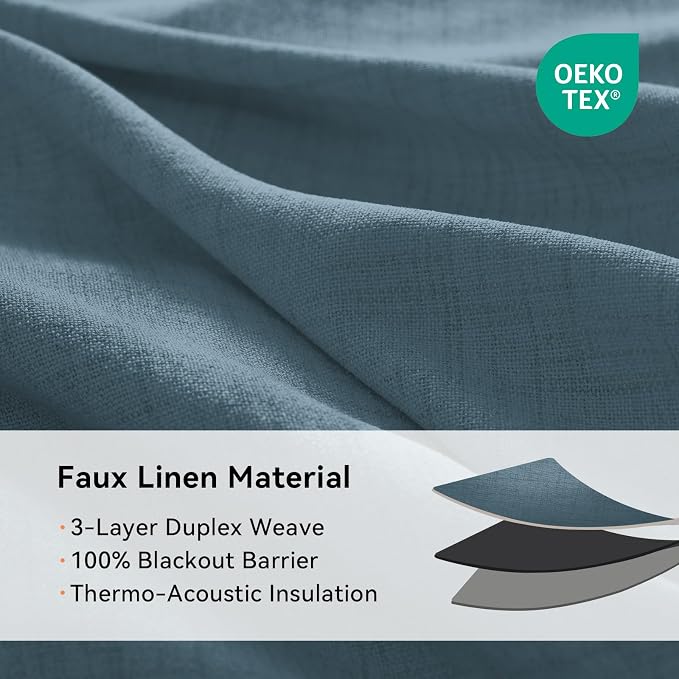 100% Blackout Linen Textured Curtains 72 Inch Long, Stone Blue | 100% Blackout - Image 4