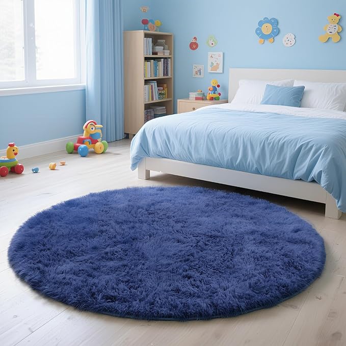 yulidayang Blue Fluffy Round Area Rugs by yulidayang