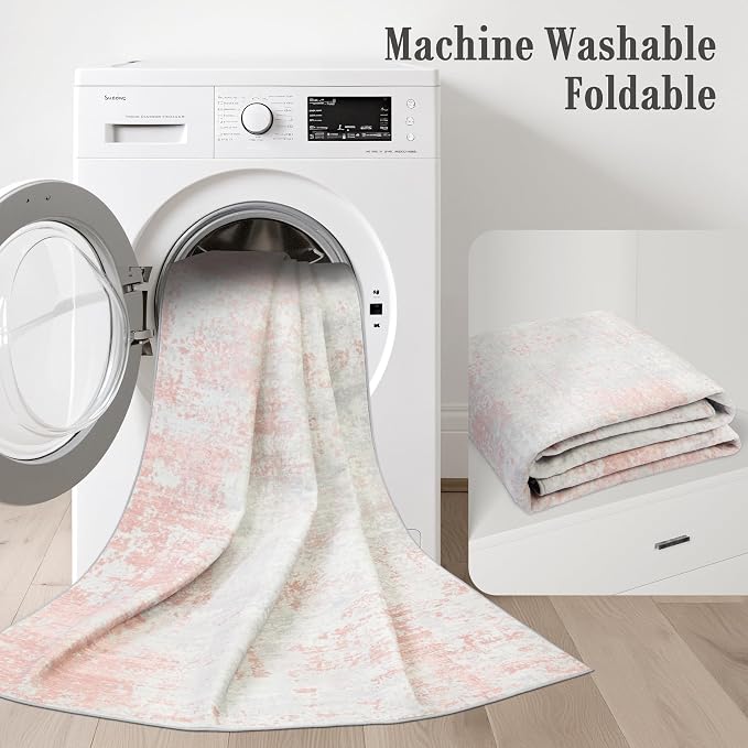 2.6x14 Washable Runner Rug:Modern Abstract Soft Carpet Pink White | - Image 6