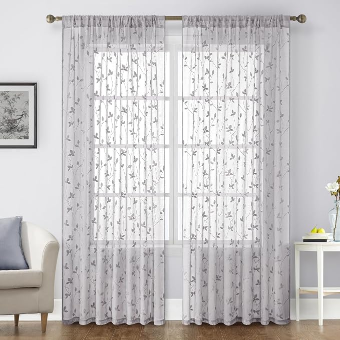 HOMEIDEAS Light Grey Sheer Curtains 52 X 84 Inches Length 2 Panels Embroidered by HOMEIDEAS