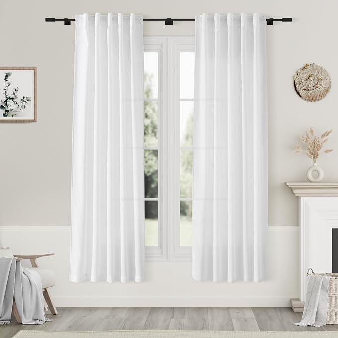 Nanspring White Semi Sheer Linen Curtains 72 inch Length by Nanspring