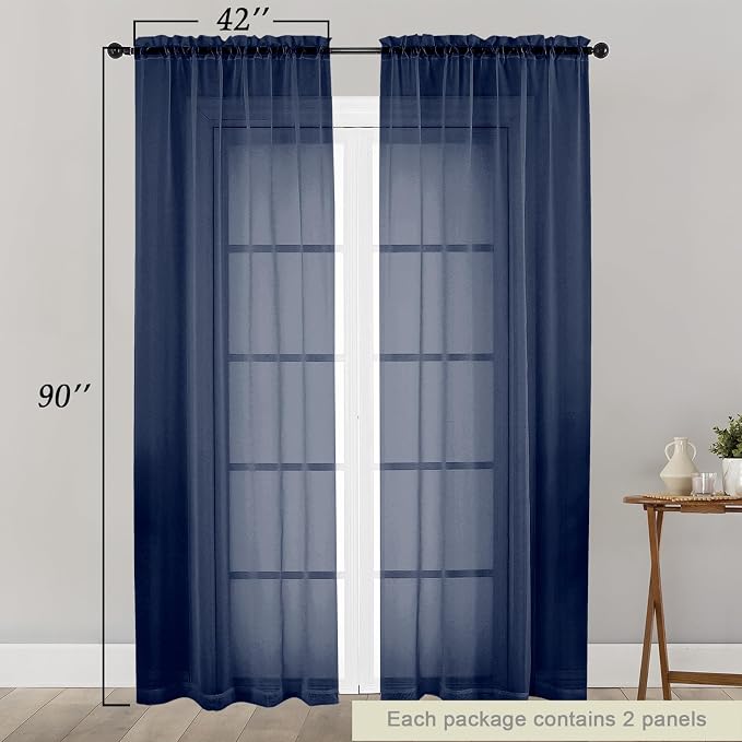 Sheer Navy Blue Curtains for Bedroom Living Room 90 Inches Long 2 Panels Set - Image 2