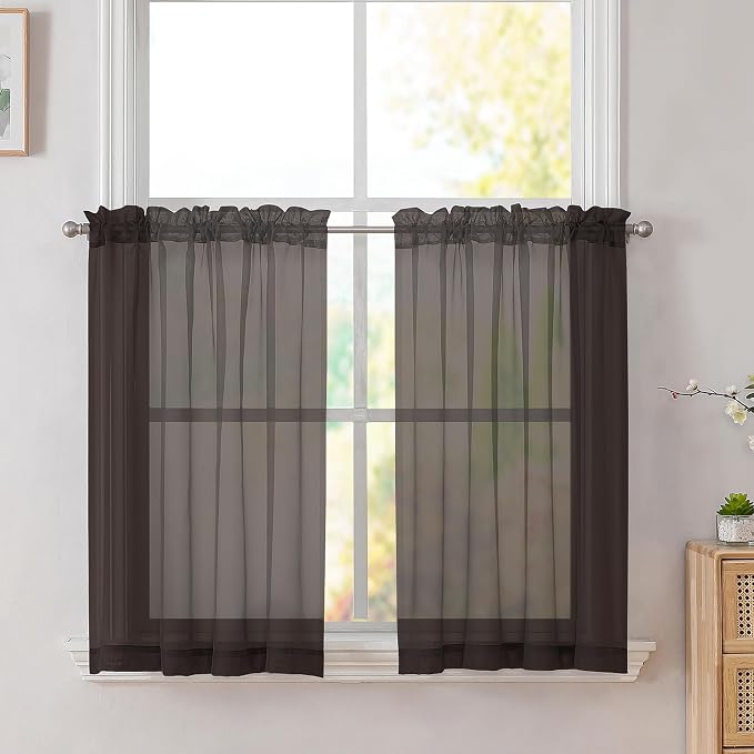 Simplebrand Chocolate Short Sheer Kitchen Curtains 36 Inch Length Tier Rod by Simplebrand