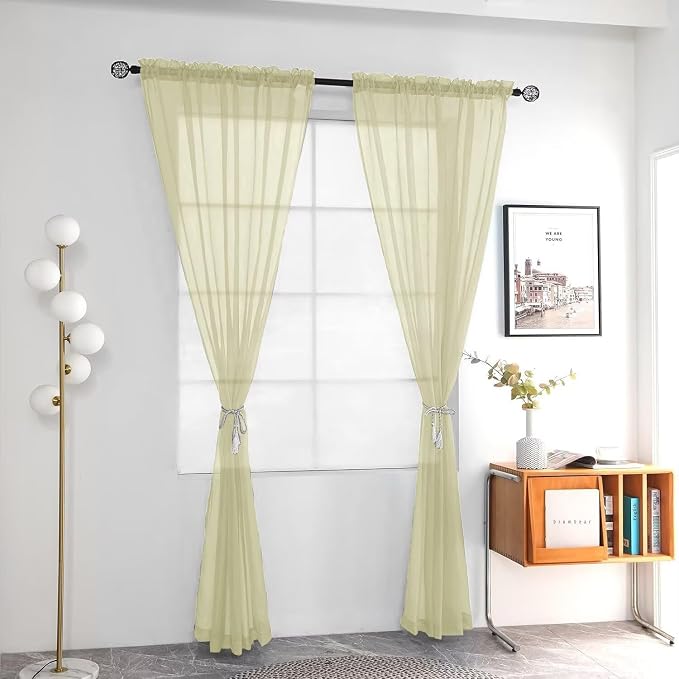 youleyar Solid Sheer Rod Pocket Curtain Voile Draperies 2 Panels White Beige - Image 2
