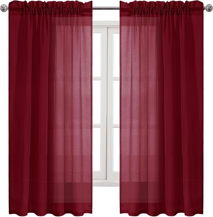 DWCN Christmas Burgundy Sheer Curtains Semi Transparent Voile Rod Pocket - Image 9