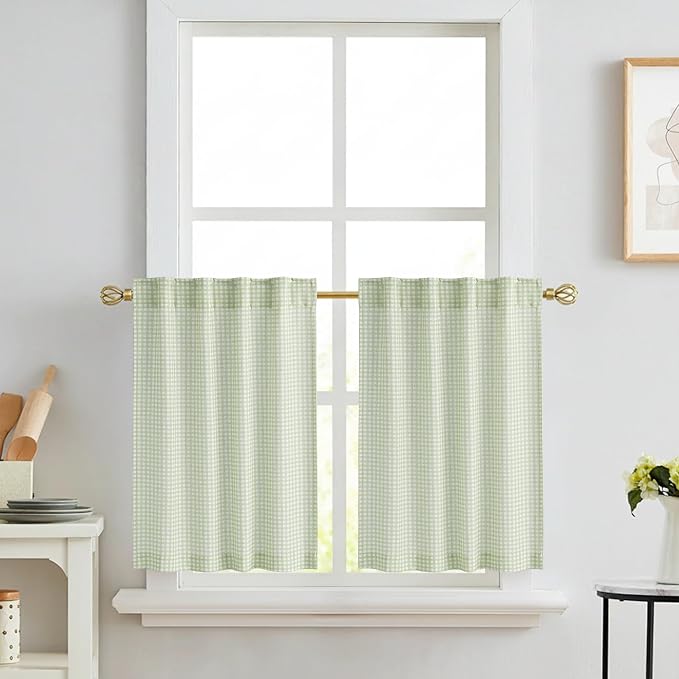 RYB HOME Sage Green Cafe Curtains Rustic Plaid Kithen Tier, Classic Short - Image 8