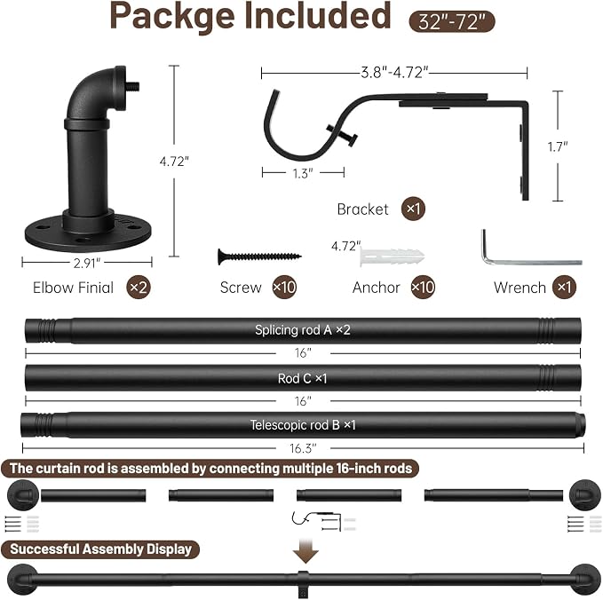 Zeerobee Curtain Rods for Windows 32 to 72, 1 Inch Industrial Wrap Around Black - Image 6