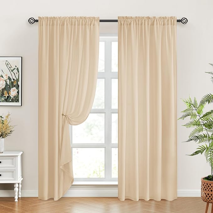 HOMEIDEAS Non-See-Through Beige Privacy Sheer Curtains, 52 X 96 Inches Long 2 - Image 2
