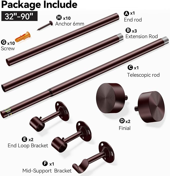 YaFex Heavy Duty Curtain Rods 32-90Inch, 1 Inch Adjustable Bronze Curtain Rod - Image 9