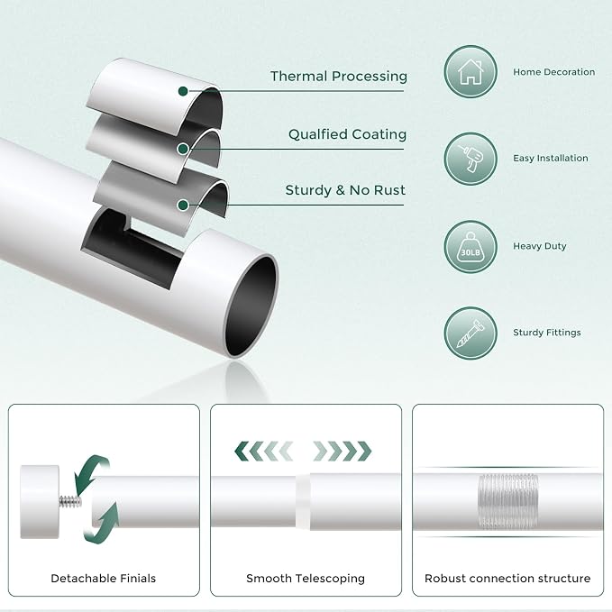White Curtain Rods for Windows 36 to 240 Inch, Size:36-240 Inch - Image 7