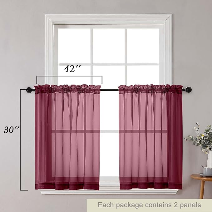 Burgundy Kitchen Curtains 30 Inch Length Tier 2 PCS, Solid Soft Airy Half - Image 2