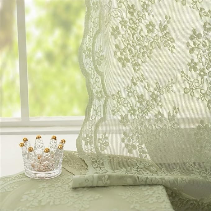 YJ YANJUN Vintage Lace Curtains -Cottage Flower Sage Green 132 inch Curtains - Image 5