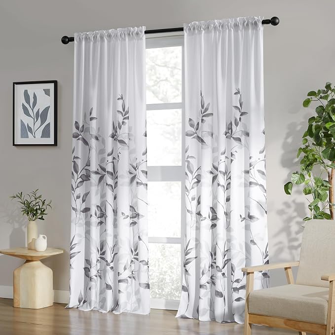 HOMEIDEAS Grey and White Semi Sheer Curtains, 84 Inches Long Light Filtering by HOMEIDEAS