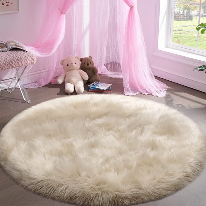 Fluffy Round Rug for Kids Room Beige Circle Faux Fur Area Rug for Bedroom - Image 3