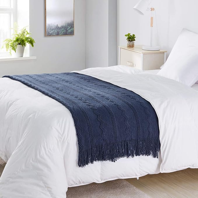 BOURINA Navy Throw Blanket 50 x90 Inches Throw Textured Solid Soft Sofa Throw - Image 3