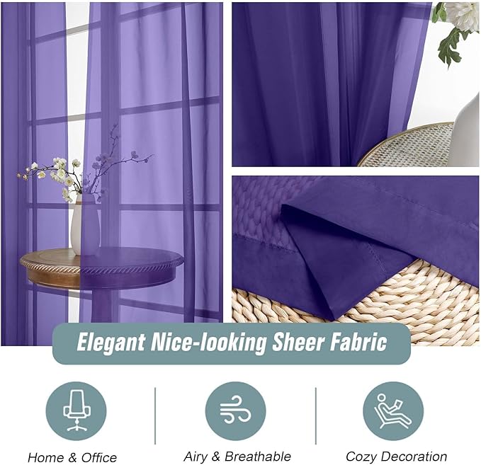 Purple Sheer Curtains for Window 72 inches Long 2 Panels Set, Soft Airy Modern - Image 4