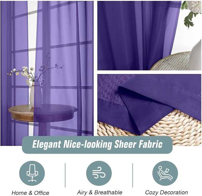 Purple Window Sheer Curtains 54 inch Length, Soft Airy Light Filtering Sheer - Image 4