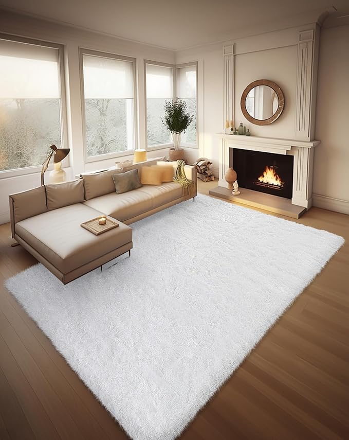 Ophanie 8x10 White Area Rugs for Living Room, Large Shag Bedroom Carpet by Ophanie